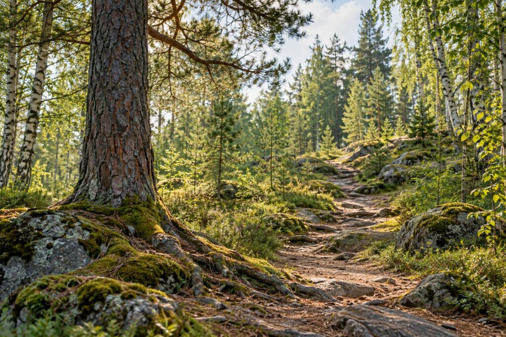Päikesevalguses metsarada, mis kulgeb suurte puude vahelt edasi.