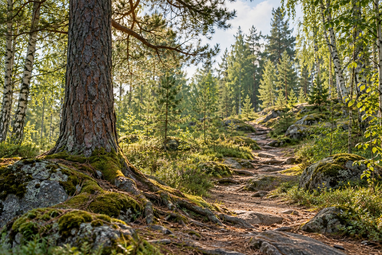 Päikesevalguses metsarada, mis kulgeb suurte puude vahelt edasi.